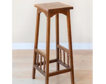 Oak Plant Stand, Vintage Wooden Stool, Hand Carved Plant Table, Tall Square Side Table, Rustic Home Decor