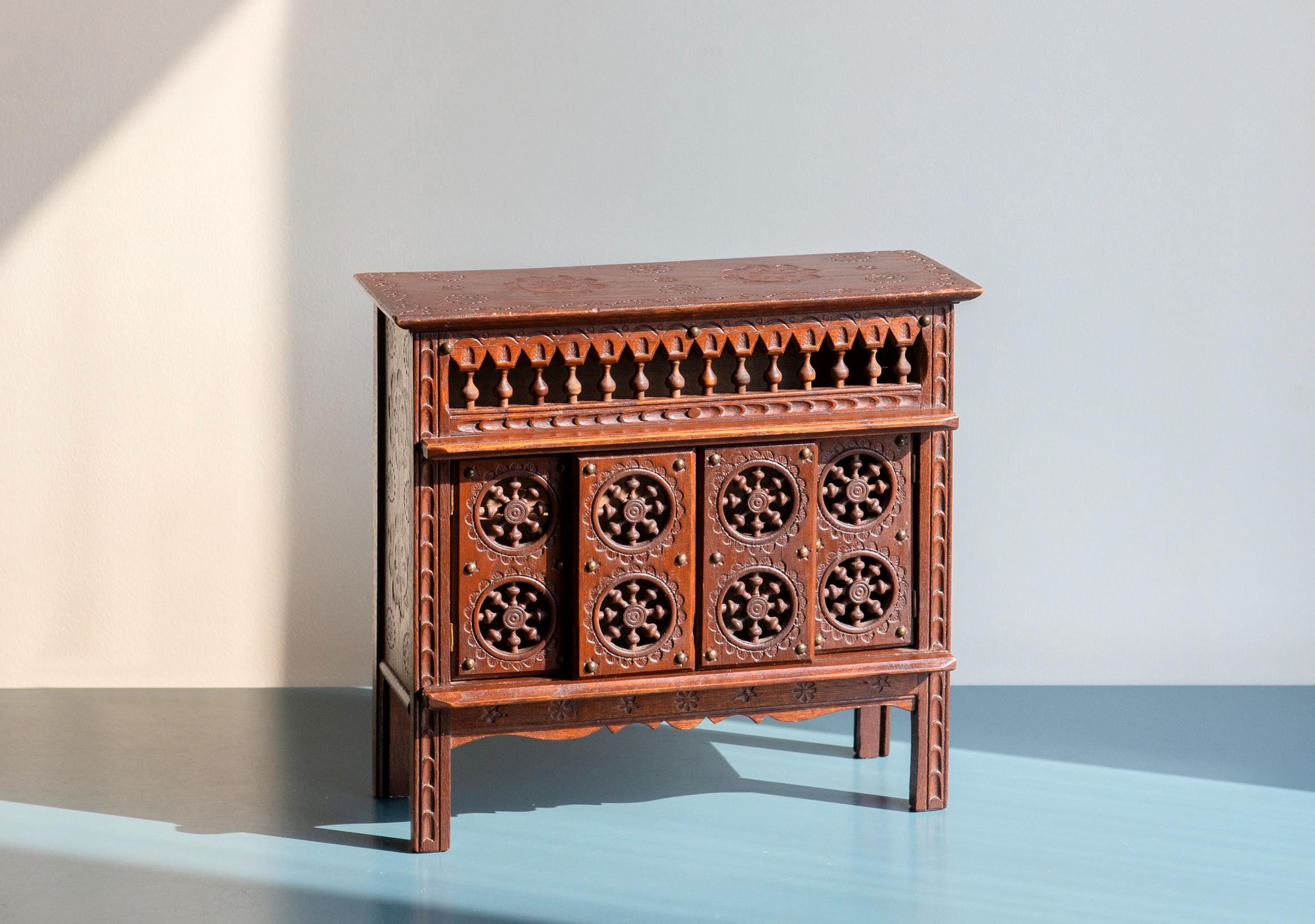 Antique French Breton Wooden Cabinet, Small Hand Carved Box, Ornate Medicine Chest, Old Storage Unit, Made In France