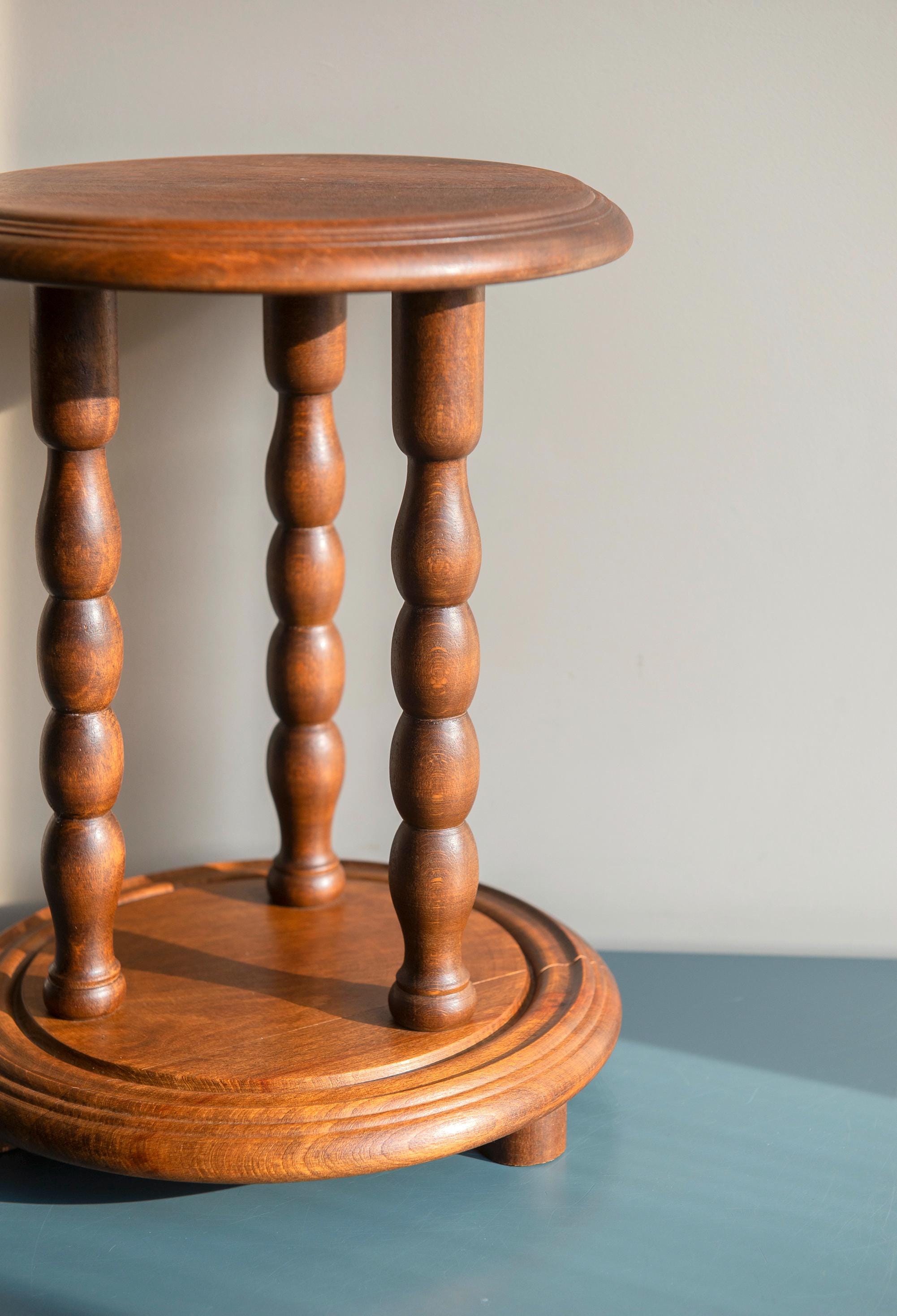 Round Stool With Turned Legs, Antique Bobbin Side Table, Rustic Oak ...