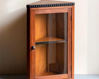 Art Deco Oak Corner Cabinet – Wall Display Cabinet with Glass Door – Amsterdam School Style