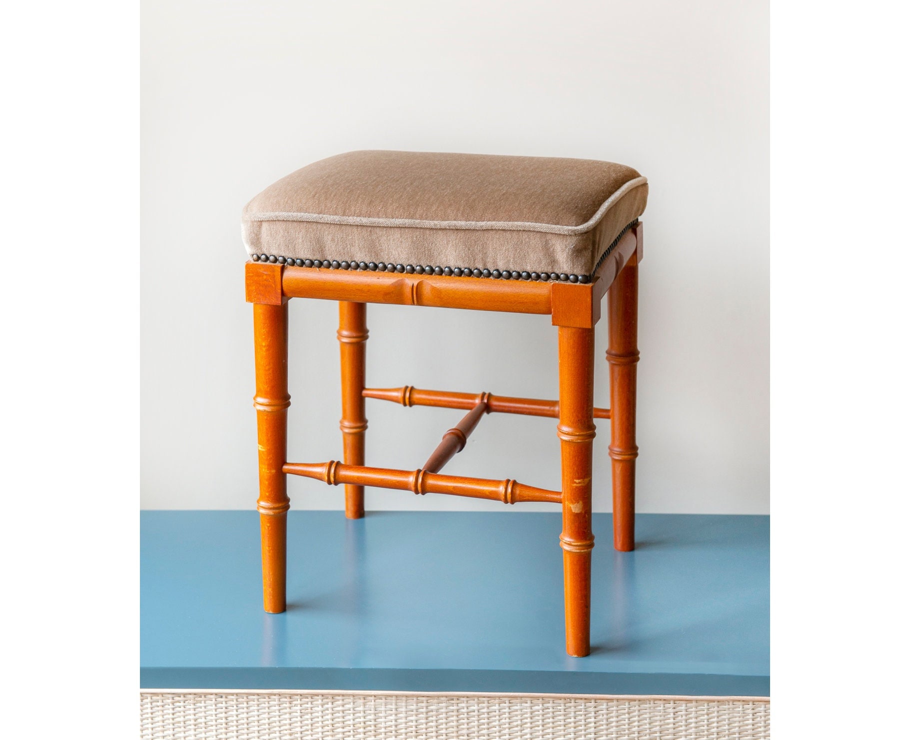 Faux Bamboo Stool With Velvet Seat Wooden Footstool Vintage Hocker Rustic Bench Mid Century Tabouret Farmhouse Decor Etsy