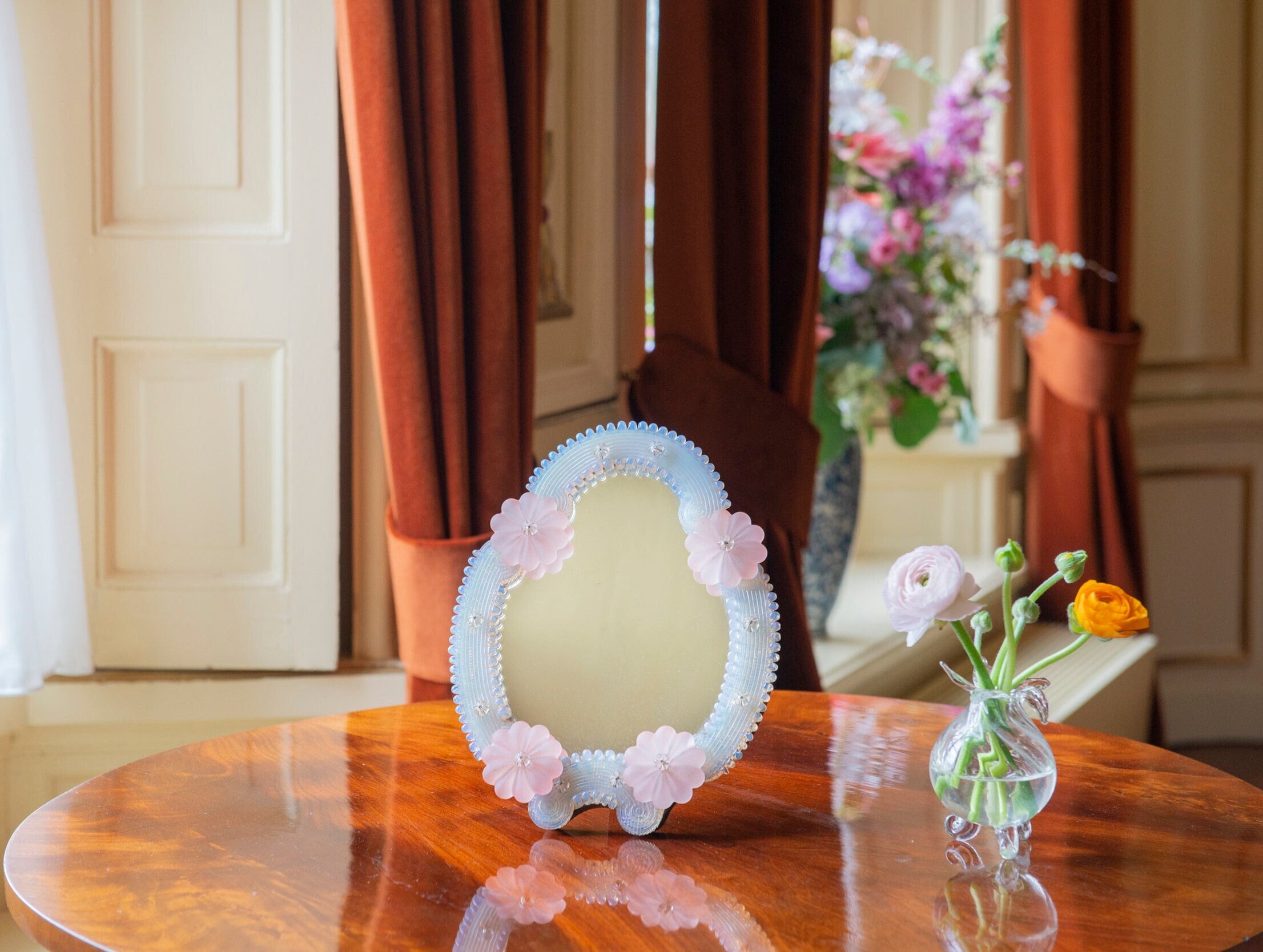 ムラーノガラス製卓上ミラー、古いベネチアン化粧鏡、装飾スタンド