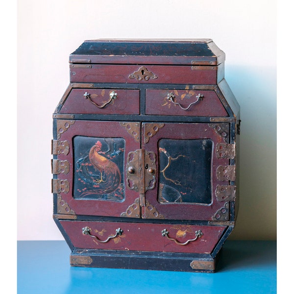 Ancienne armoire laquée japonaise, boîte de rangement de la période Meiji, commode antique peinte à la main des années 1900, fabriquée au Japon, boîte à bijoux asiatique