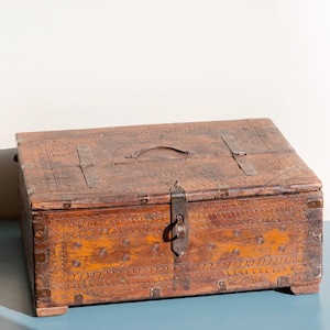Antique Hand Carved Box, Indian Wedding Chest, Old Primitive Wooden Storage Box, Shabby Chic, Folklore Storage Unit, Country Home Decor