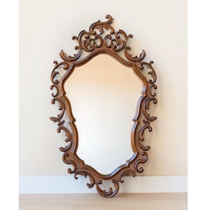 Large Hand Carved Wall Mirror, Dark Brown Wooden Mirror, Ornate Oak Mantle Mirror, Victorian Wall Hanging
