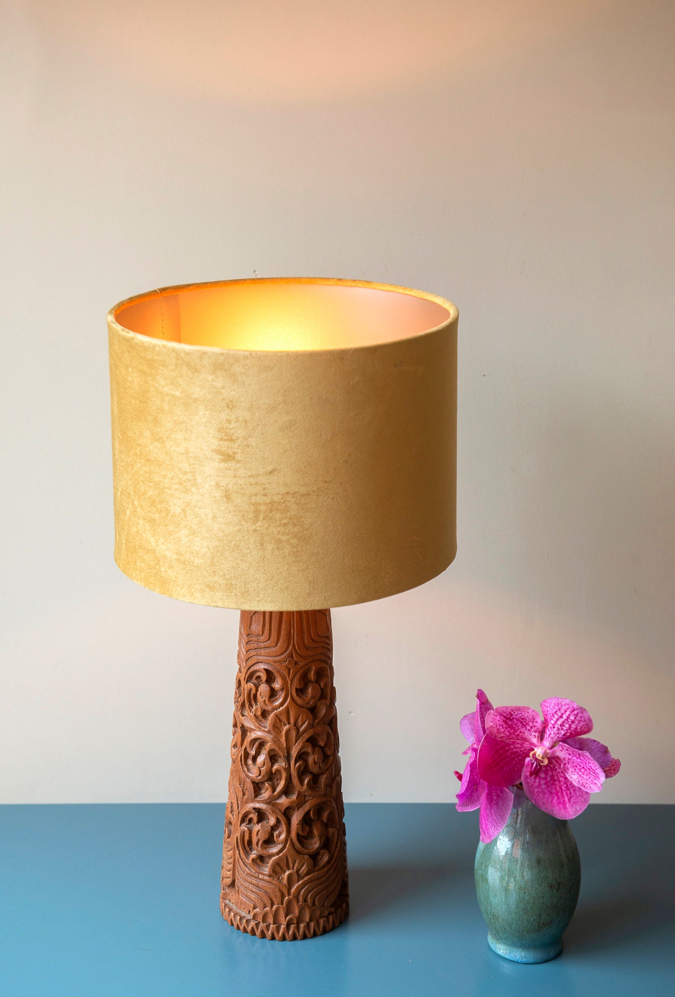 Hand Carved Indonesian Table Lamp With Velvet Shade, Mid