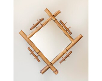 Antique Bamboo Mirror, French Diamond Shape Mirror, Art Deco Wall Mirror, Primitive Wall Decor, Made In France