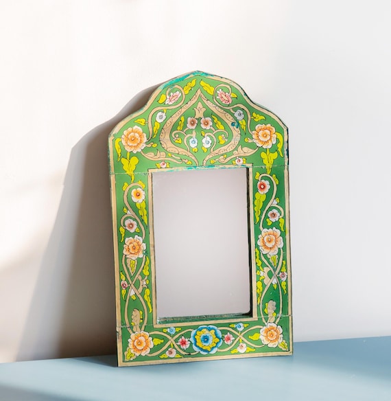 ペルーのアーチミラー、フォークアート、裏面にペイントされたガラスの