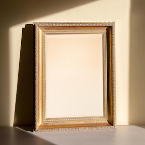 Op de afbeelding: Een rechthoekige fotolijst met een metallic gouden afwerking en een sierlijk, gestructureerd randpatroon. De lijst heeft een diep, verzonken profiel en bevat een effen, lichtgekleurde, lege rechthoekige inzet in het midden.