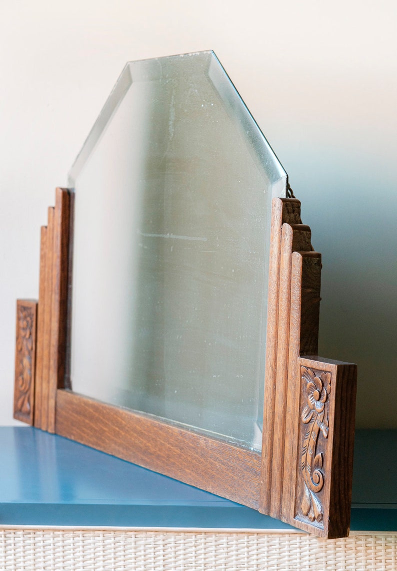 Art Deco Mirror With Beveled Glass, Large Oak Wooden Mantle Mirror, Amsterdam School, 1920s Design, Antique Dutch Wall Hanging zdjęcie 3