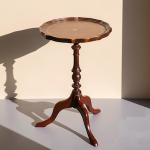 Dark Brown Wine Table With Leather Top, Scalloped Coffee Table, Regency Wooden Side Table, Victorian Plant Stand, Rustic Home Decor