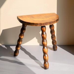Antique Bobbin Plant Stand, Wooden Milking Stool With Turned Legs, Hand Carved Oak Plant Table, Half Round Side Table, Country Home Decor