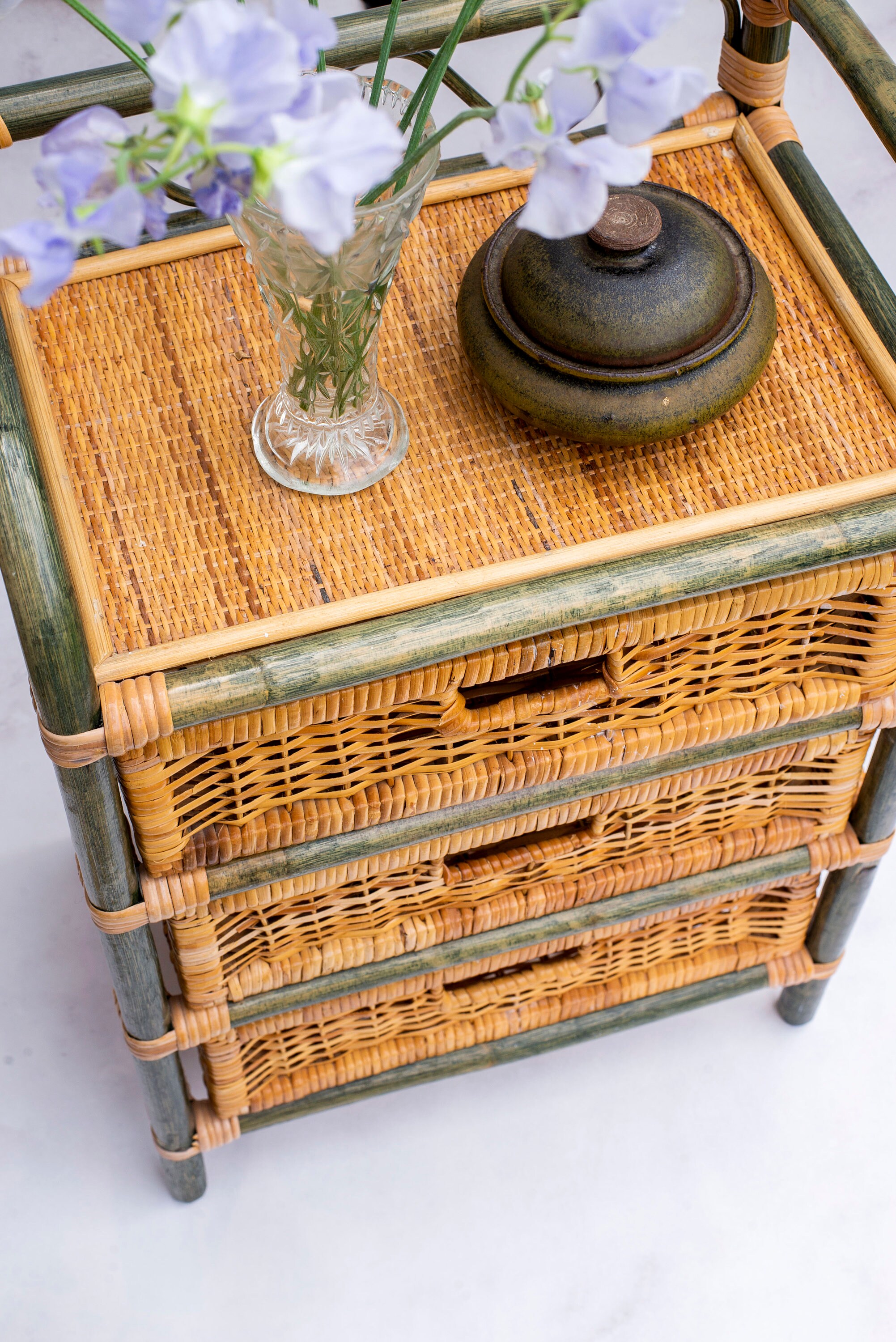 Vintage Rattan With 3 Drawers 1970s Wicker Bamboo Etsy