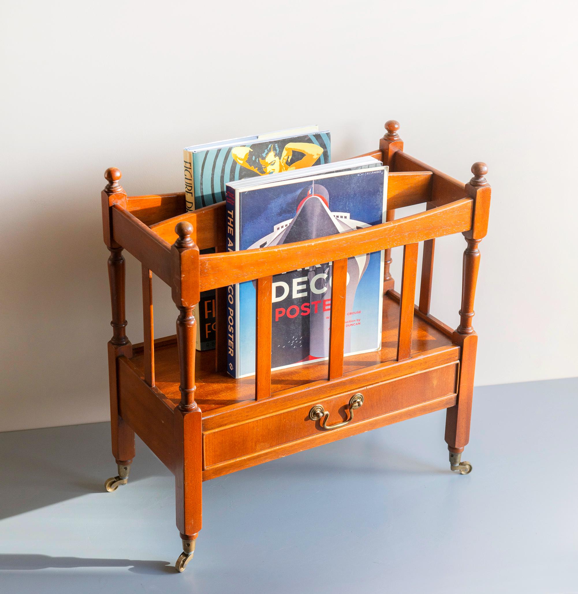 Magazine Rack Trolley Vintage Wooden Magazine Rack Trolley With Drawer and Wheels - Mid ...