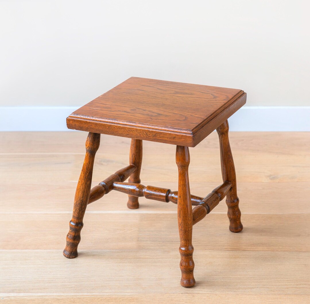 Antique Oak Stool, Old Square Plant Stand, Wooden Side Table With Hand ...