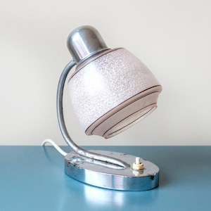 Vintage Table Lamp With Pink Glass Shade, Mid Century Desk Lamp, 1950s Design, Napako, Chrome Gooseneck Bedside Lamp