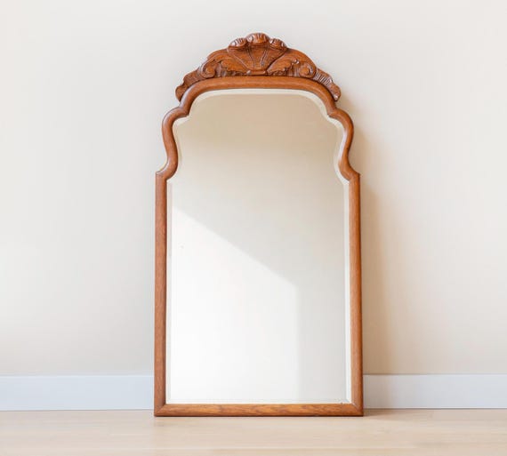 Antique Oak Scalloped Mirror - Rustic Arched Wall Mirror - Vintage Entryway Mirror - Carved Crest, 1900s