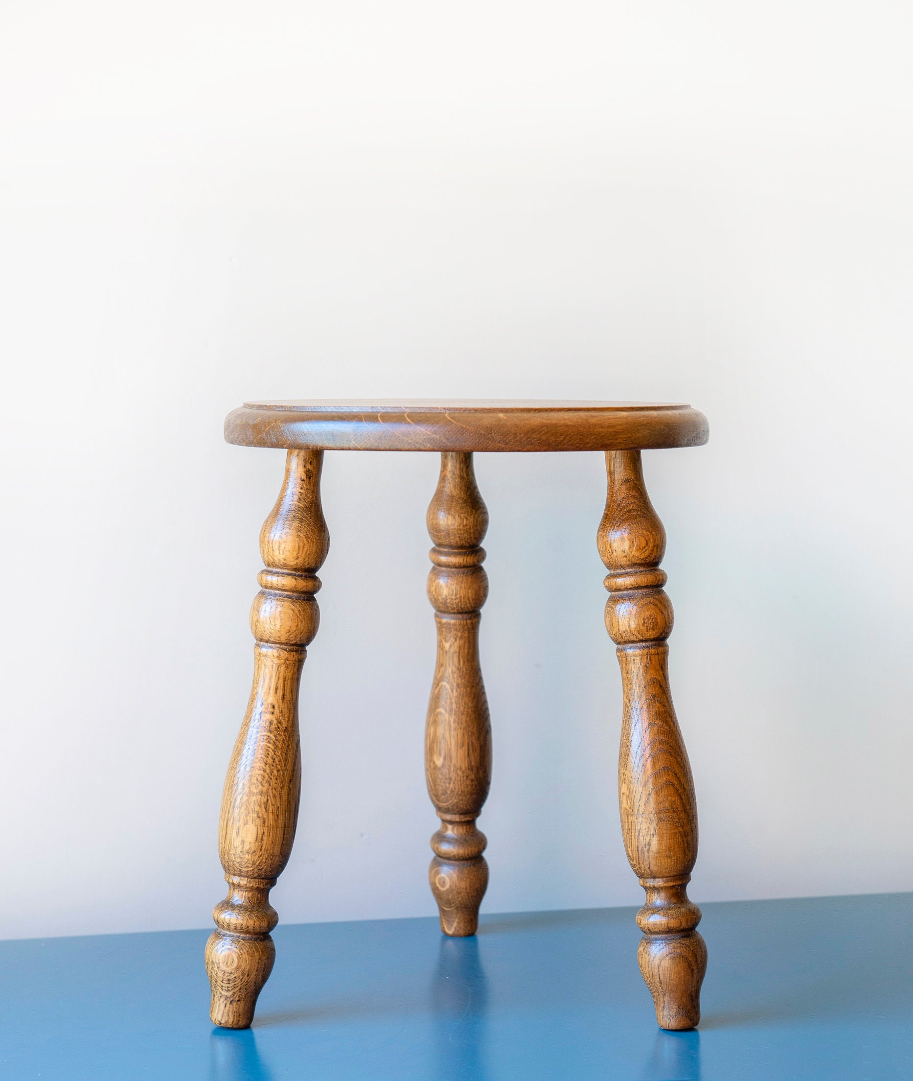 Oak Stool With Carved Legs, Antique Wooden Tripod Table, Old