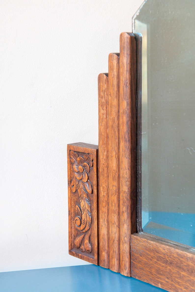 Art Deco Mirror With Beveled Glass, Large Oak Wooden Mantle Mirror, Amsterdam School, 1920s Design, Antique Dutch Wall Hanging zdjęcie 2