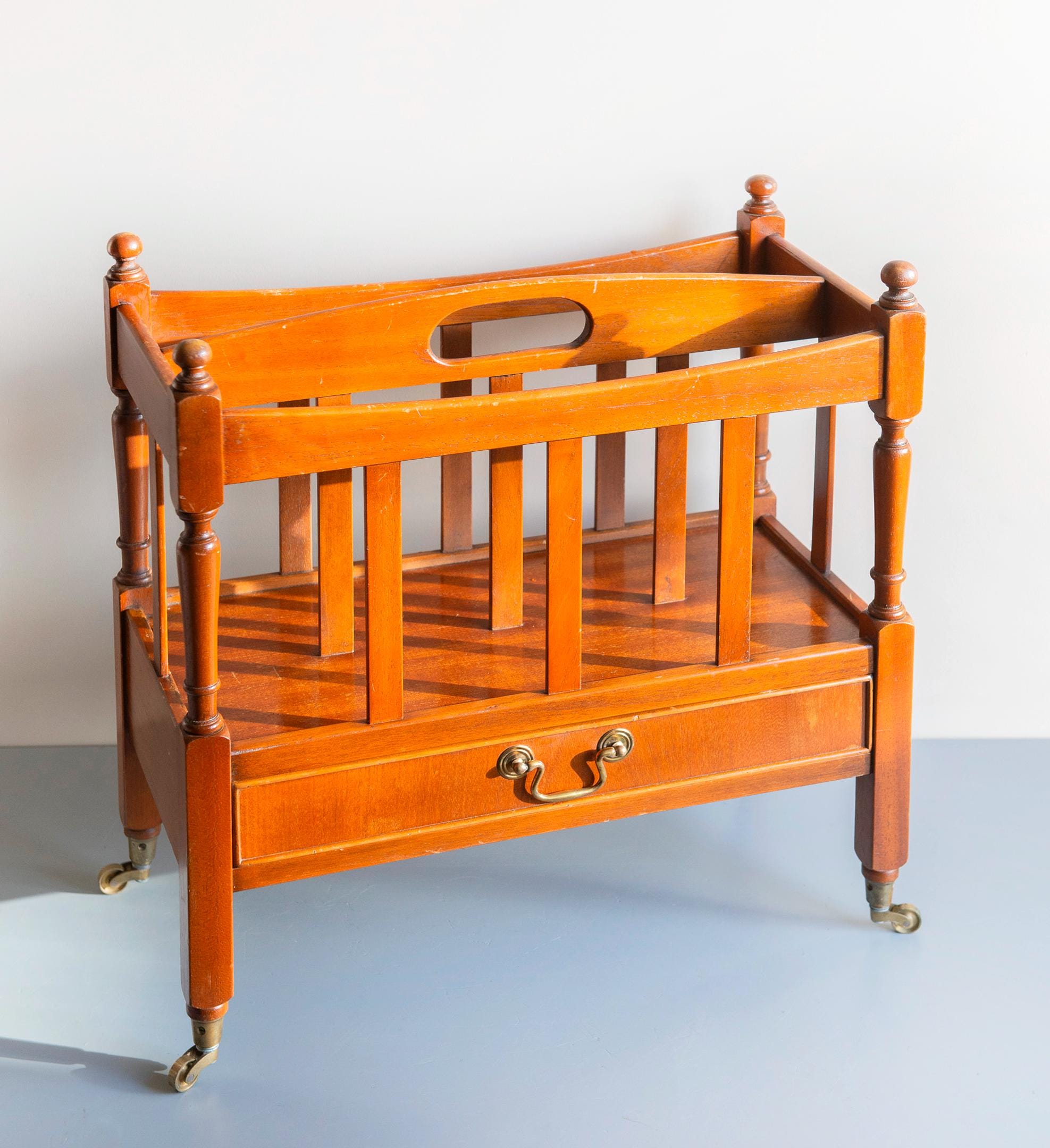Magazine Rack Trolley Vintage Wooden Magazine Rack Trolley With Drawer and Wheels - Mid ...