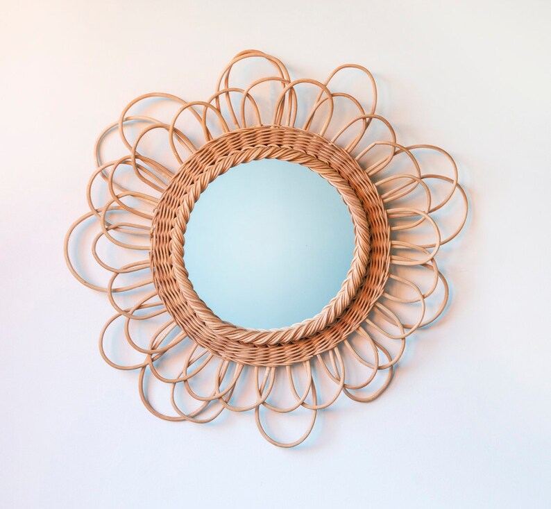 Wicker Flower Mirror, 1960s Design, French Riviera Wall Mirror, Mid Century Modern , Round Woven Rattan Mirror, Bohemian Mirror image 8