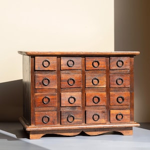 Antique Apothecary Cabinet With 16 Small Drawers, Round Metal Handles, Mahogany Storage Unit, Colonial Solid Wooden Chest, Desk Organizer