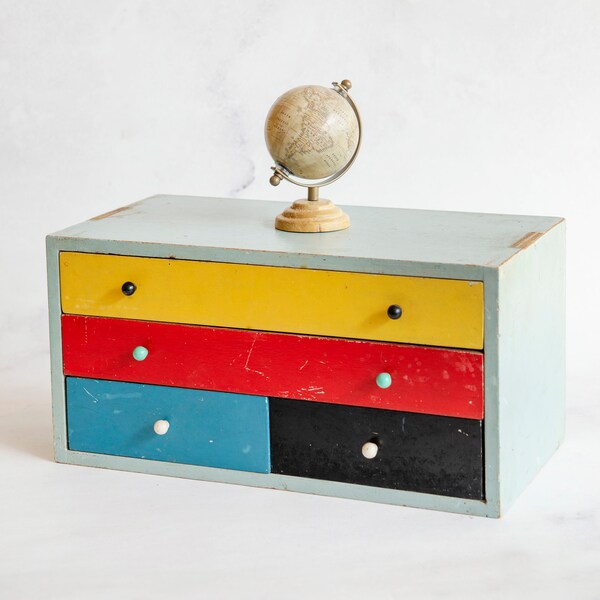 Wooden Cabinet With 4 Drawers, Old Dutch Storage Unit, Rustic Home Decor, Small Colorful Solid Chest, Desk Organizer, Storage Drawers