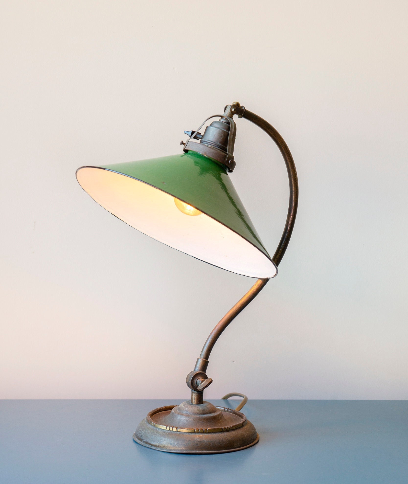 Antique Brass Desk Lamp With Green Enamel Shade, Rustic French
