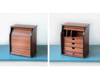 Vintage Teak Storage Unit, Roller Shutter Cabinet, Cased Letter Box, Solid Wooden Secretary Chest, Desktop Organizer