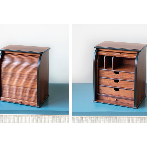 Vintage Teak Storage Unit, Roller Shutter Cabinet, Cased Letter Box, Solid Wooden Secretary Chest, Desktop Organizer