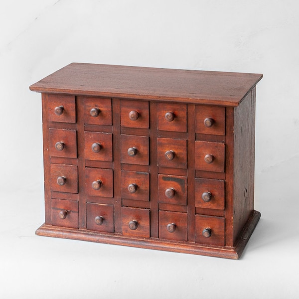 Antique Mahogany Storage Unit, Old Apothecary Cabinet With 20 Small Drawers, Colonial Solid Wooden Chest, Desktop Organizer