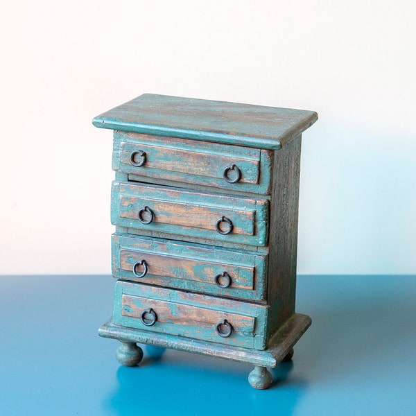 Small Wooden Cabinet With 4 Drawers, Old Indian Storage Unit, Footed Desktop Chest, Bohemian Organizer, Shabby Chic