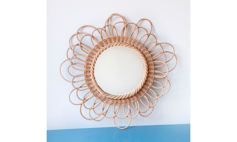 Wicker Flower Mirror, 1960s Design, French Riviera Wall Mirror, Mid Century Modern , Round Woven Rattan Mirror, Bohemian Mirror image 1