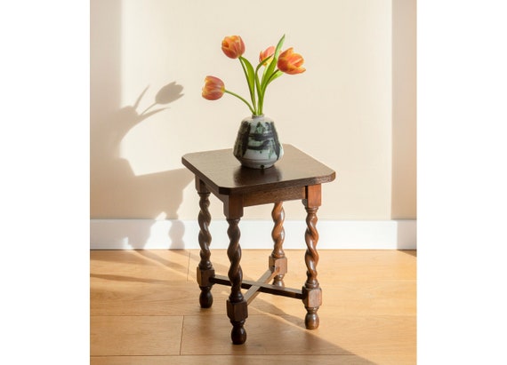 Antique Barley Twist Table Square Side Table With Turned Legs Hand Carved Wooden Coffee Table Dark Brown Lacquered Plant Stool Etsy Sweden
