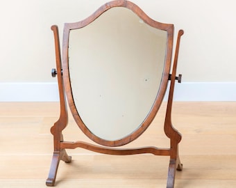 Antik sköldspegel, engelsk bordsspegel, träram i mahogny, edwardiansk stående spegel, justerbar sminkspegel