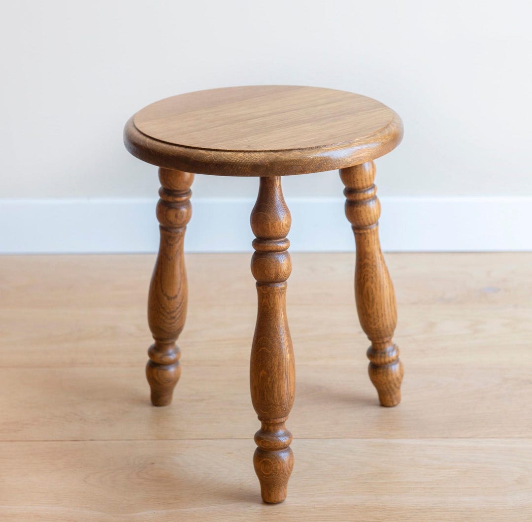 Antique Oak Stool – Rustic Tripod Side Table With Turned Legs ...