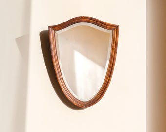 Espejo antiguo con forma de escudo - Marco de roble macizo - Cristal biselado - Decoración rústica inglesa para pared