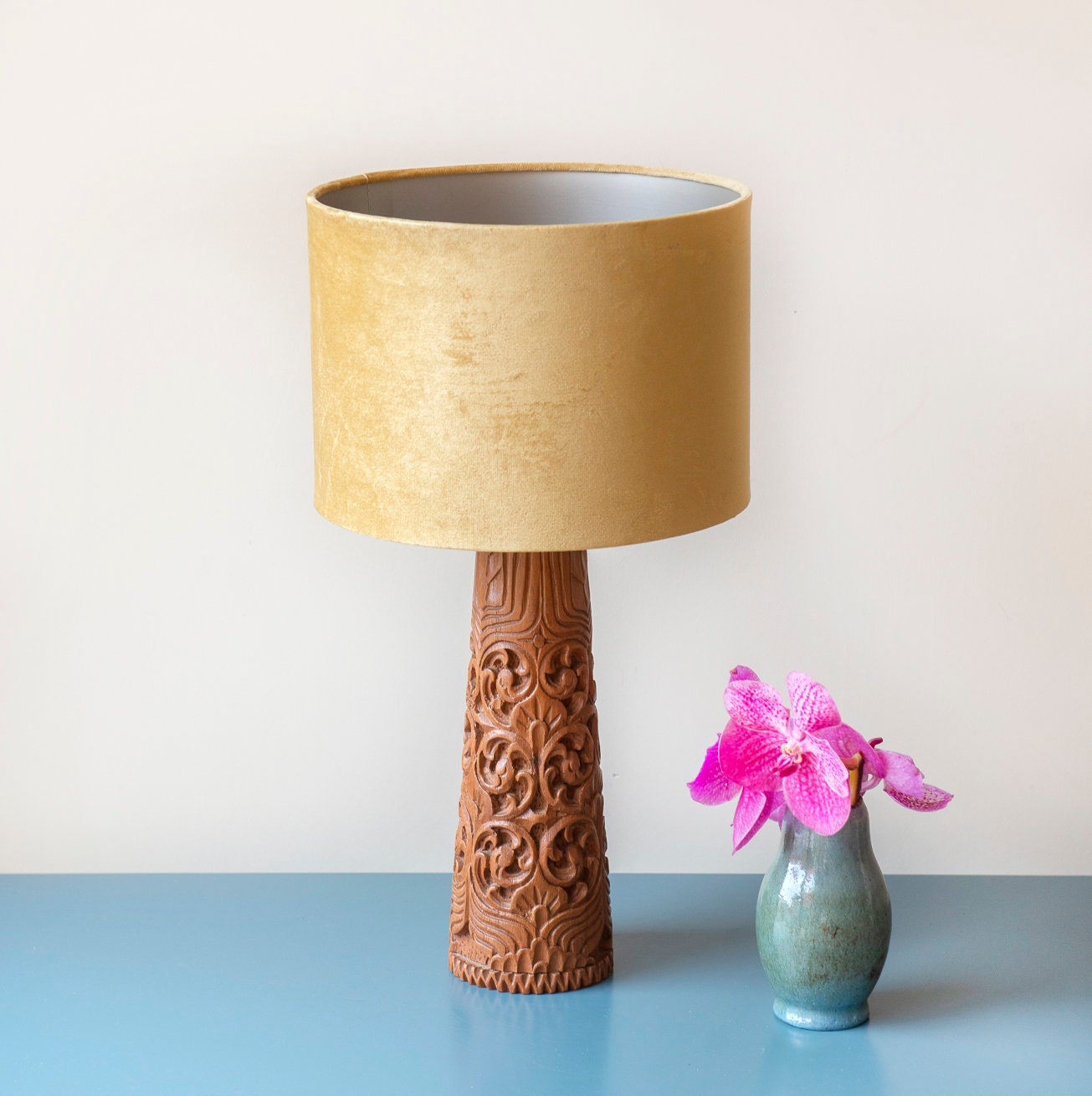Hand Carved Indonesian Table Lamp With Velvet Shade Mid Century