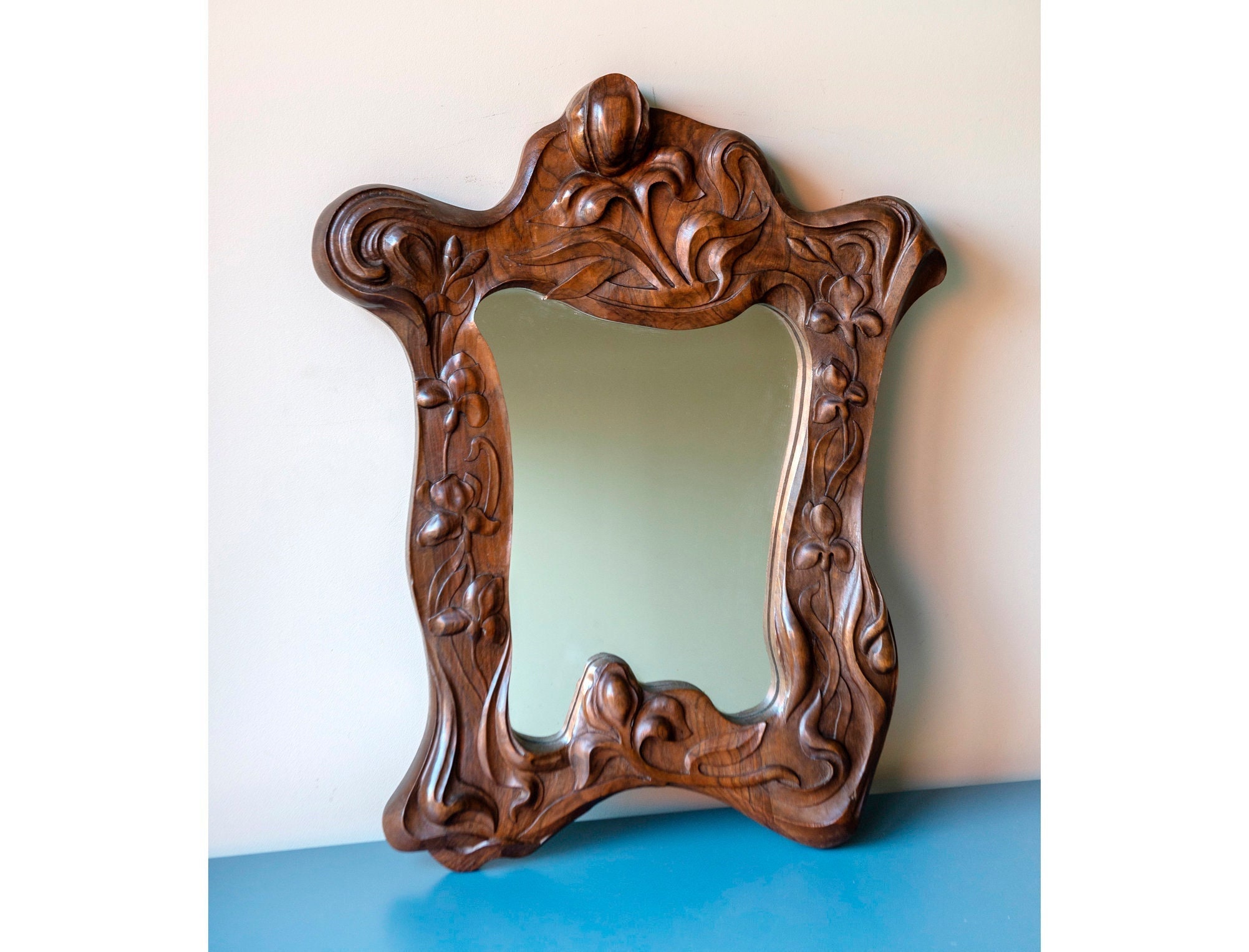 Rare Sculpted Wooden Mirror French Art Nouveau Mirror Hand