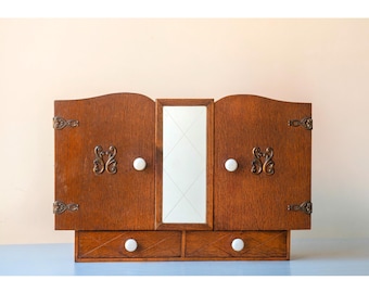 Vintage Oak Wall Cabinet with Mirror – 1930s European Bathroom Cabinet – Wooden Hanging Cabinet with Enamel Knobs