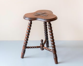 Antique Oak Stool - Clover Seat - Turned Bobbin Legs - Folk Art Side Table, 19th Century