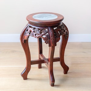 Rosewood Table With Marble Top, Round Side Table With Bend Legs, Hand Carved Ornate Wooden Table, Antique Plant Stand, Asian Coffee Table