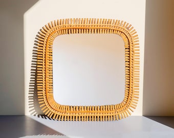 Italian Bamboo Mirror, Franco Albini, Mid Century Square Rattan Mirror, 1960s Design, Bonacina, Made In Italy