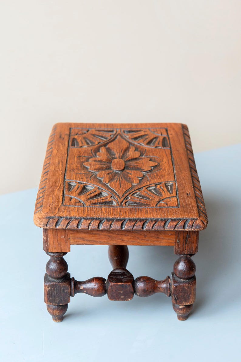 Antique Hand Carved Oak Stool – 19th Century Folk Art – Small Footstool ...