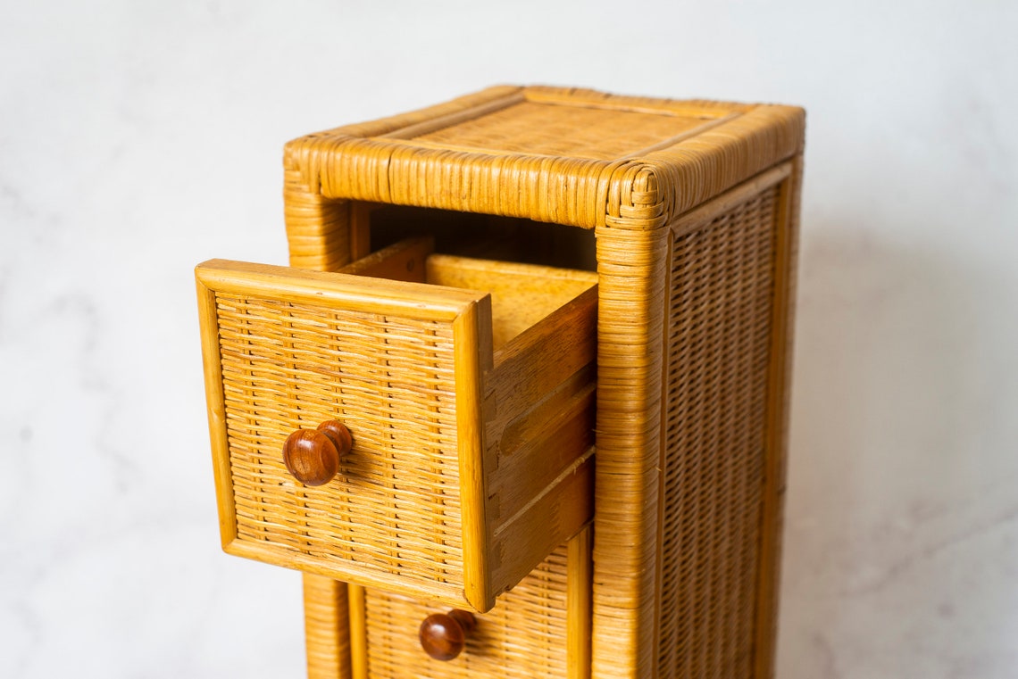 Vintage Rattan With 5 Drawers 1970s Wicker Bamboo Etsy