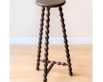 Tall Bobbin Plant Stand - Wooden Milking Stool With Turned Legs - French Oak Side Table - Country Cottage Home Decor