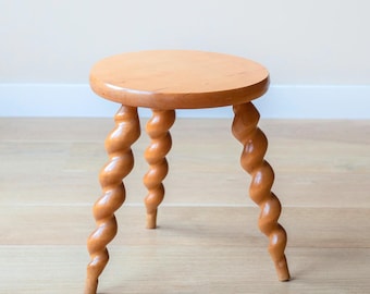 French Vintage Barley Twist Milking Stool – Rustic Wooden Plant Stand – Turned Legs Accent Table