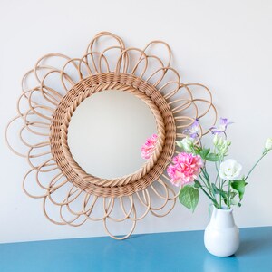 Wicker Flower Mirror, 1960s Design, French Riviera Wall Mirror, Mid Century Modern , Round Woven Rattan Mirror, Bohemian Mirror image 2