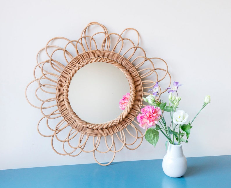 Wicker Flower Mirror, 1960s Design, French Riviera Wall Mirror, Mid Century Modern , Round Woven Rattan Mirror, Bohemian Mirror image 2