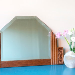 Art Deco Mirror With Beveled Glass, Large Oak Wooden Mantle Mirror, Amsterdam School, 1920s Design, Antique Dutch Wall Hanging zdjęcie 4